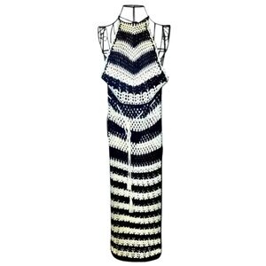 HERA Crochet Open Knit Halter Maxi Dress navy white stripe Wmns S Beach Pool NWT